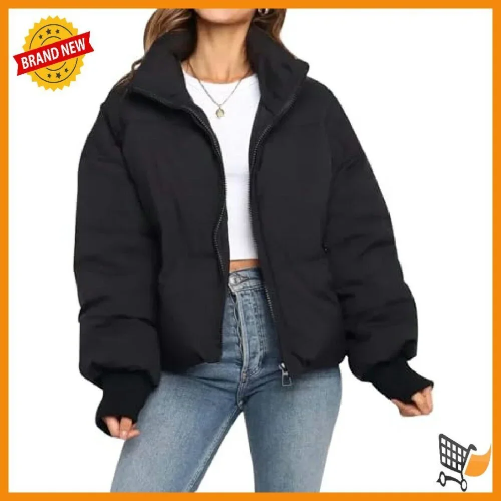 Women's Cropped Puffer Jacket Quilted Winter Coat Stand Collar Zippered Pockets